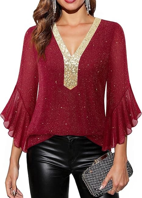 Women's Ruffle 3/4 Sleeve Sparkly Tops Sequin V Neck Blouses Dressy Fall Shirts